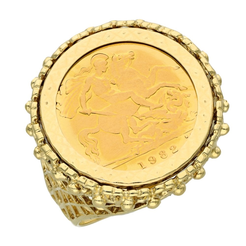 1982 Yellow Gold Half Sovereign Coin Mounted Ring - Size S