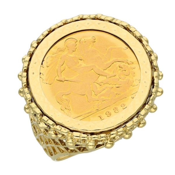 1982 Yellow Gold Half Sovereign Coin Mounted Ring - Size S