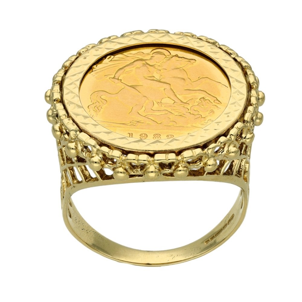 1982 Yellow Gold Half Sovereign Coin Mounted Ring - Size S