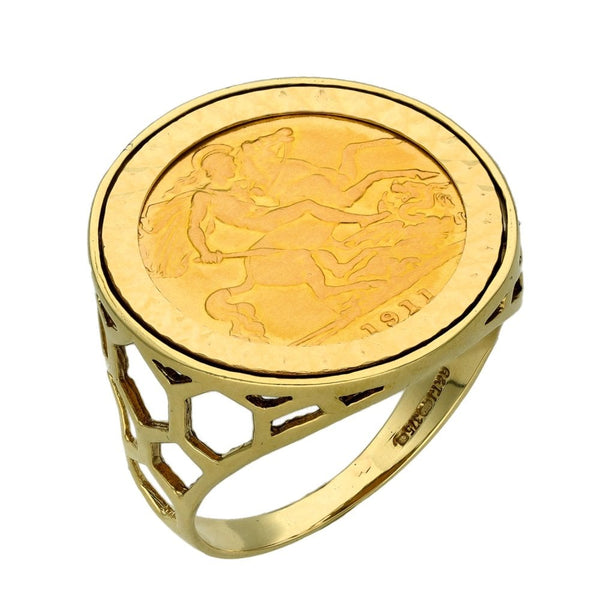 1911 Yellow Gold Half Sovereign Coin Mounted Ring  - Size R