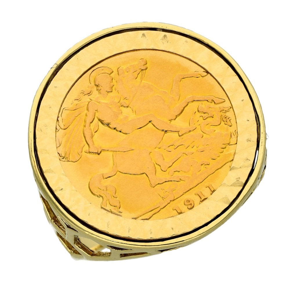 1911 Yellow Gold Half Sovereign Coin Mounted Ring  - Size R