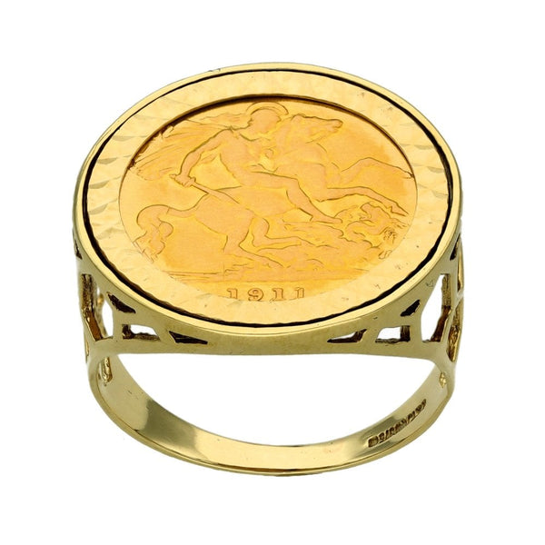 1911 Yellow Gold Half Sovereign Coin Mounted Ring  - Size R