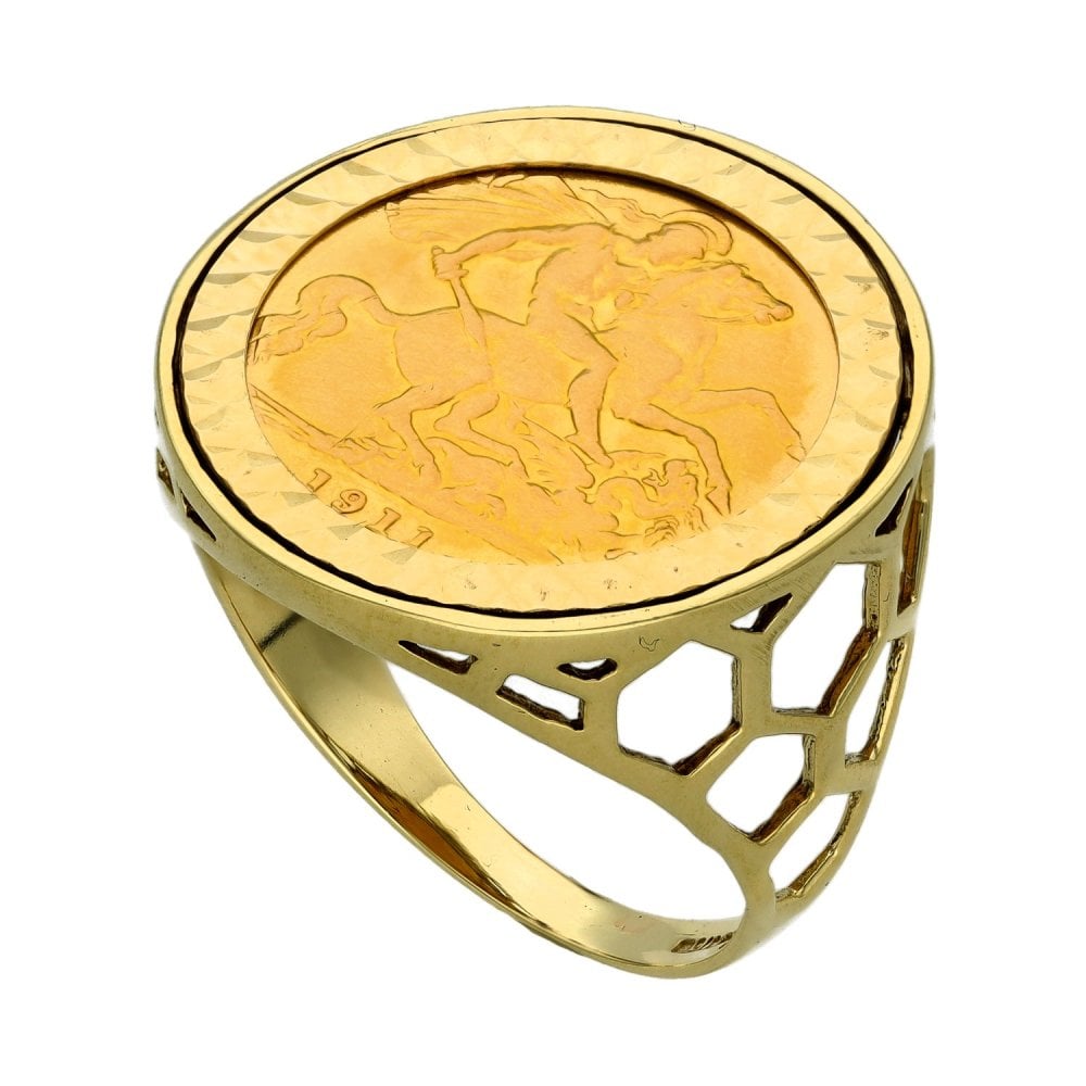 1911 Yellow Gold Half Sovereign Coin Mounted Ring  - Size R