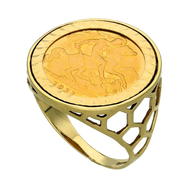 1911 Yellow Gold Half Sovereign Coin Mounted Ring  - Size R