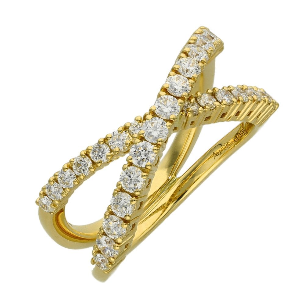 Ladies 18ct Yellow Gold Diamond Cross Over Ring - 0.95ct