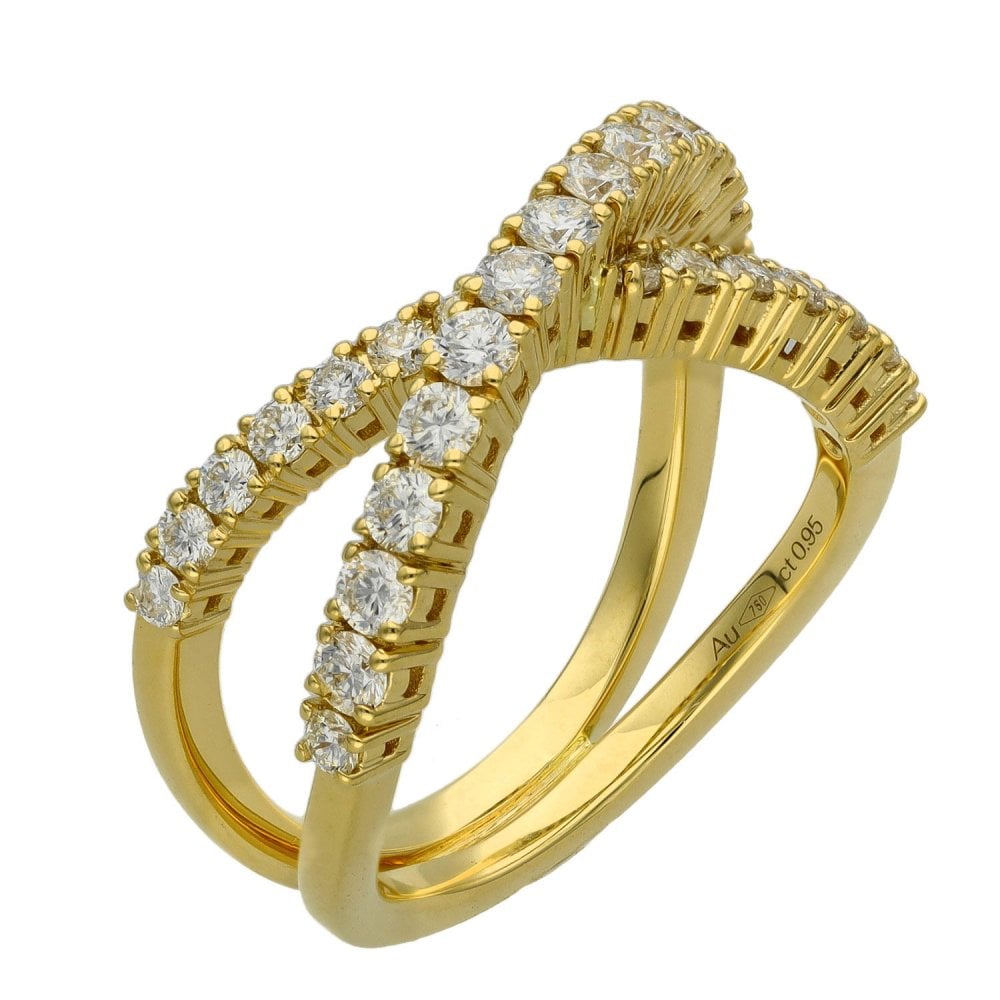 Ladies 18ct Yellow Gold Diamond Cross Over Ring - 0.95ct