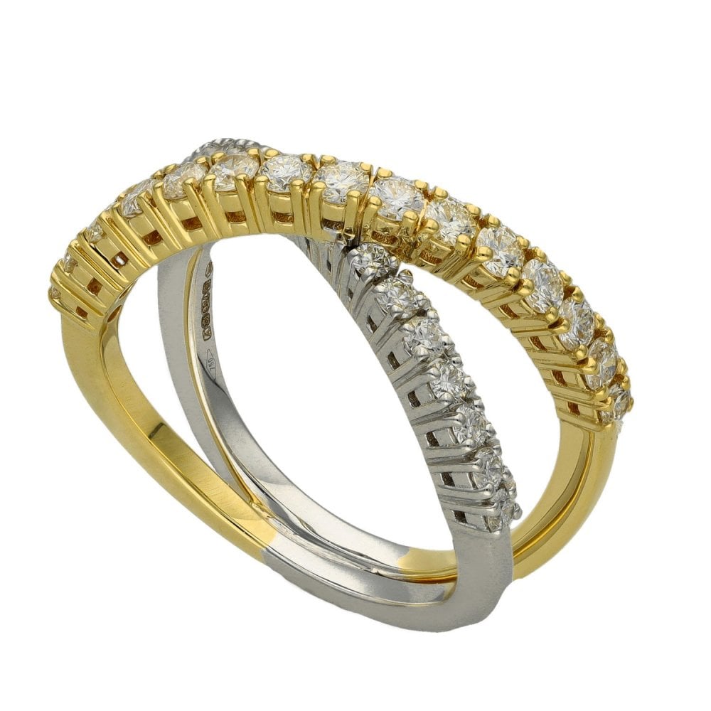 Ladies 18ct White & Yellow Gold Diamond Cross Over Ring - 0.96ct