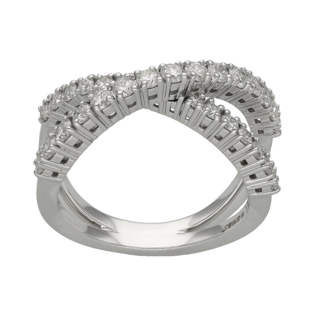 Ladies 18ct White Gold Diamond Cross Over Ring - 0.96ct