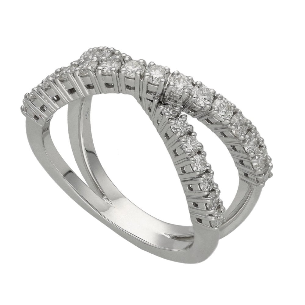 Ladies 18ct White Gold Diamond Cross Over Ring - 0.96ct