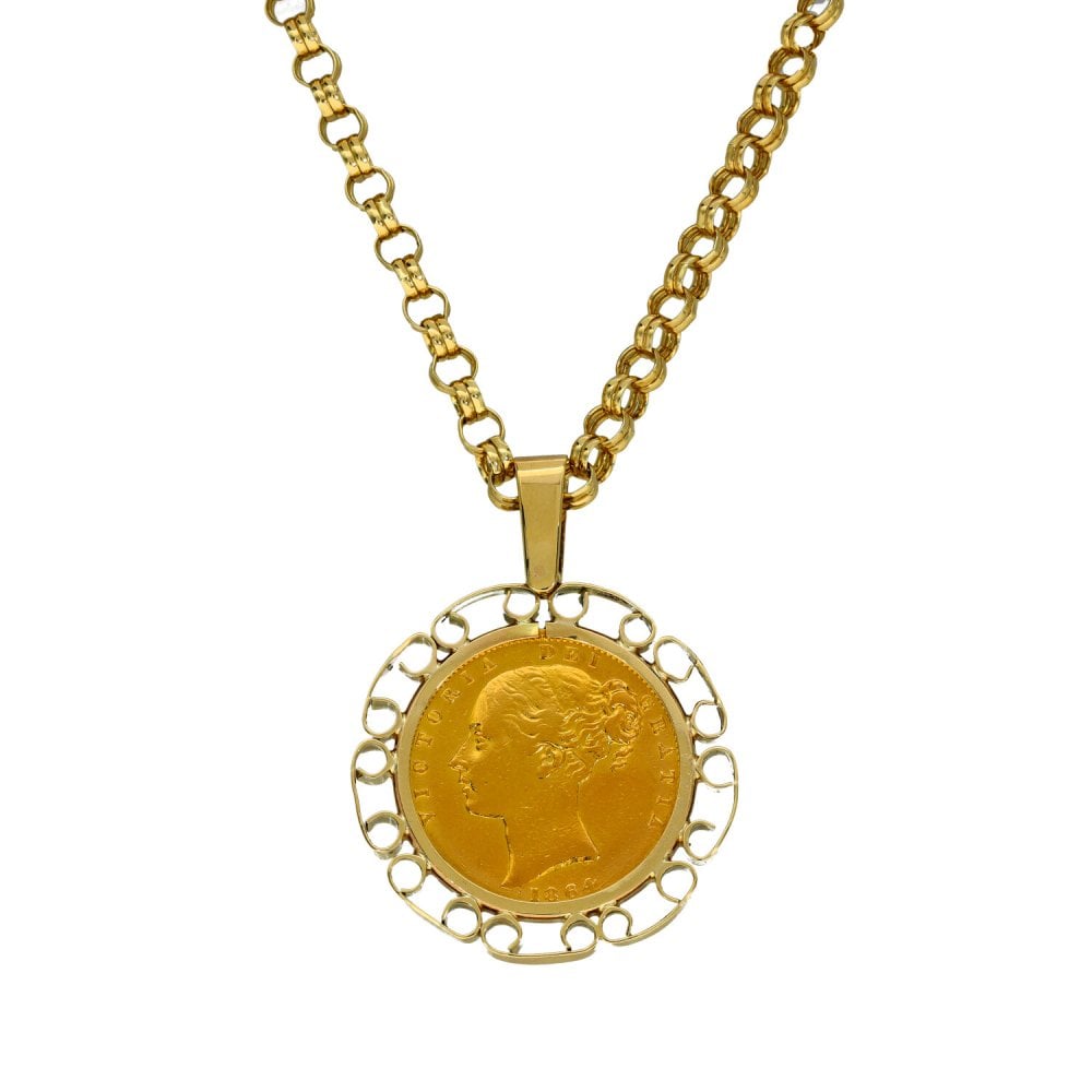 1864 Yellow Gold Full Sovereign Coin Pendant & 24 " Chain
