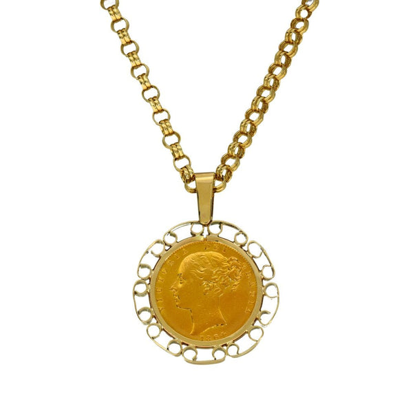 1864 Yellow Gold Full Sovereign Coin Pendant & 24 " Chain