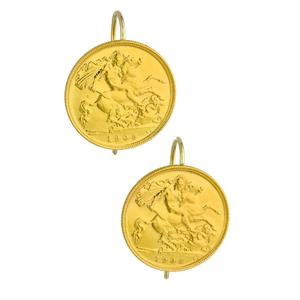 1905 Yellow Gold Half Sovereign Coin Earrings - 8.5g