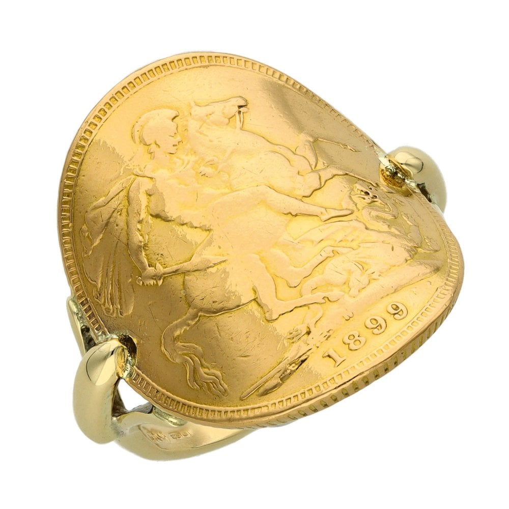1899 Yellow Gold Bent-Over Full Sovereign Coin Ring - Size O
