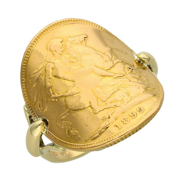 1899 Yellow Gold Bent-Over Full Sovereign Coin Ring - Size O