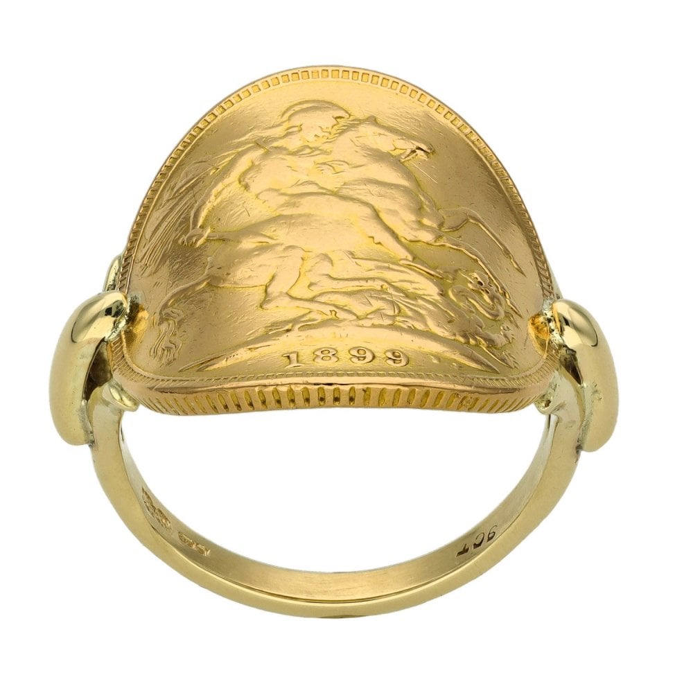 1899 Yellow Gold Bent-Over Full Sovereign Coin Ring - Size O