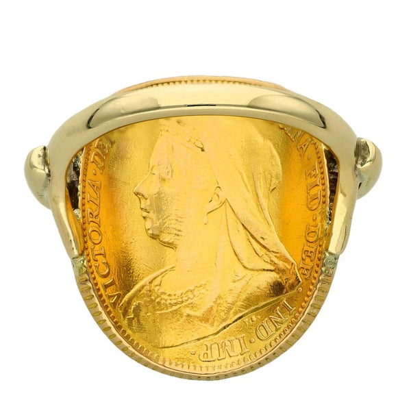 1899 Yellow Gold Bent-Over Full Sovereign Coin Ring - Size O
