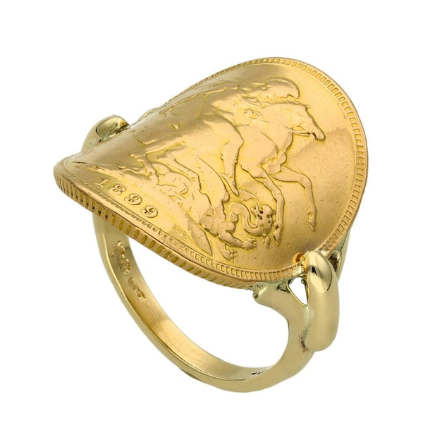 1899 Yellow Gold Bent-Over Full Sovereign Coin Ring - Size O