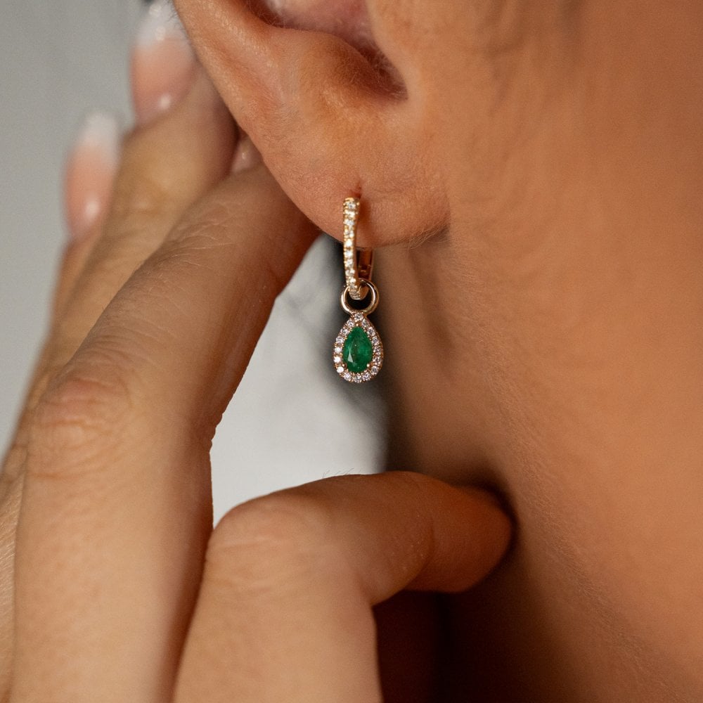 9ct Yellow Gold Diamond & Emerald Huggie Hoop Earrings - 0.13ct