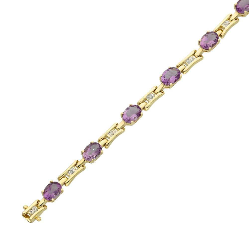 Ladies 9ct Yellow Gold Amethyst & Diamond Set Bracelet
