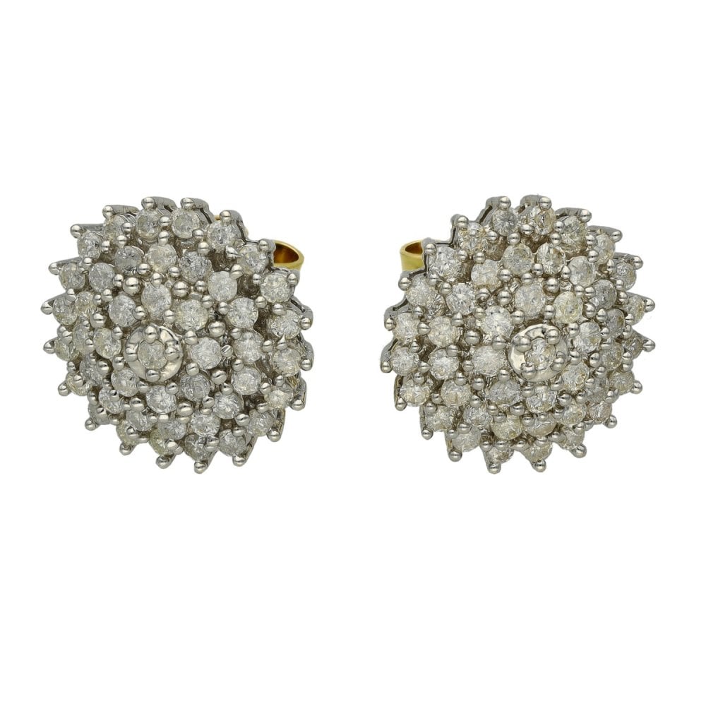 Ladies 18ct Yellow Gold Diamond Set Cluster Earrings - 1.00ct