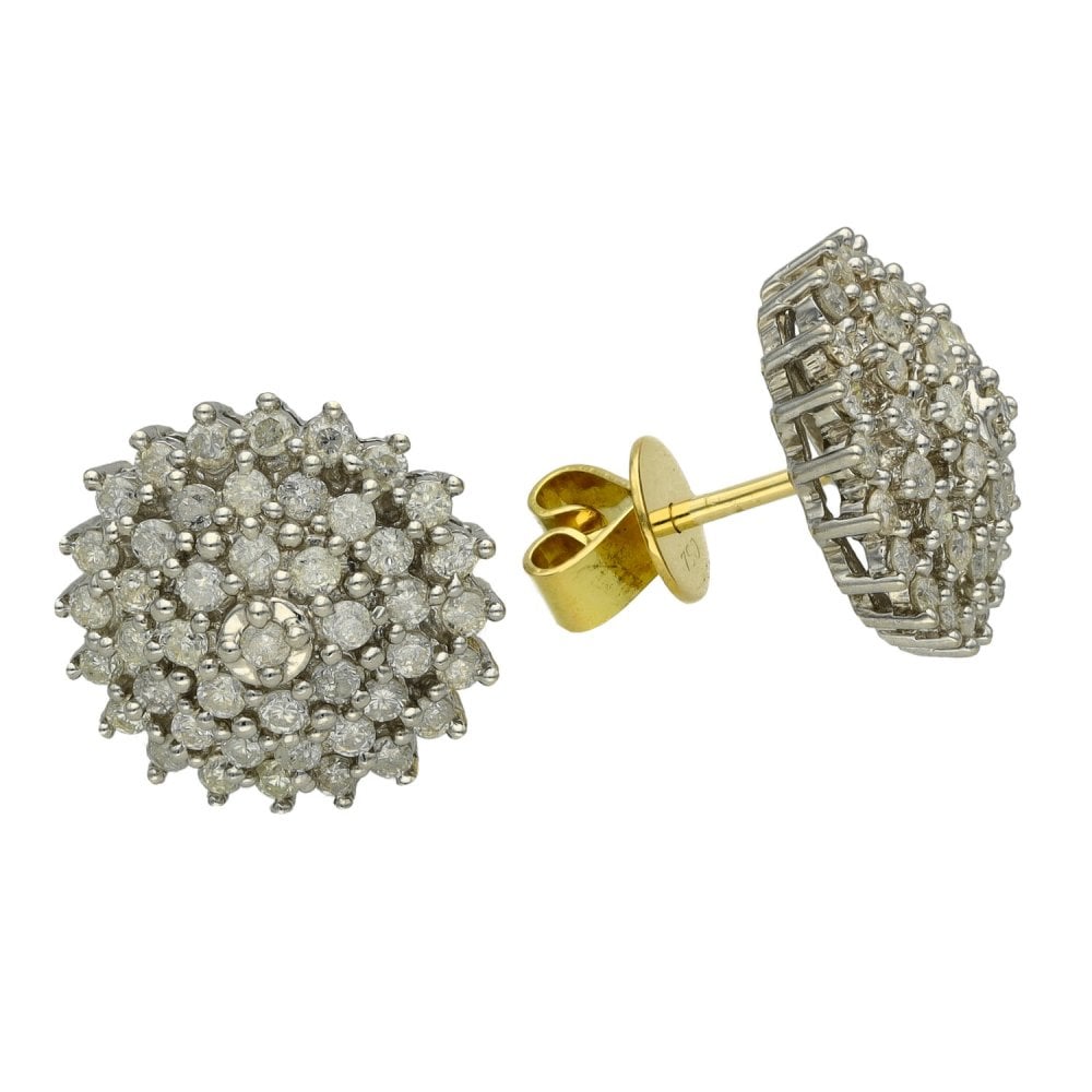 Ladies 18ct Yellow Gold Diamond Set Cluster Earrings - 1.00ct
