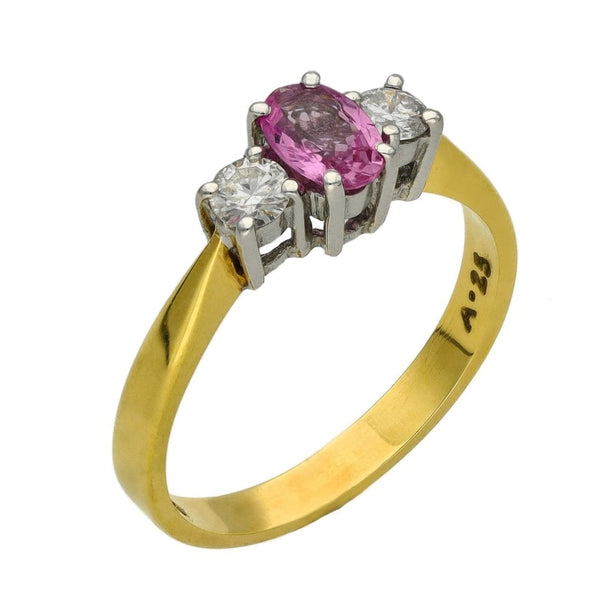Ladies 18ct Yellow Gold Diamond & Pink Sapphire Trilogy Ring