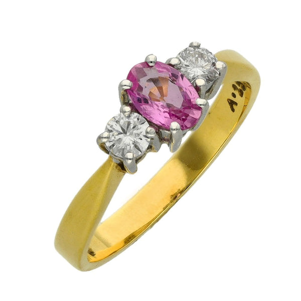 Ladies 18ct Yellow Gold Diamond & Pink Sapphire Trilogy Ring