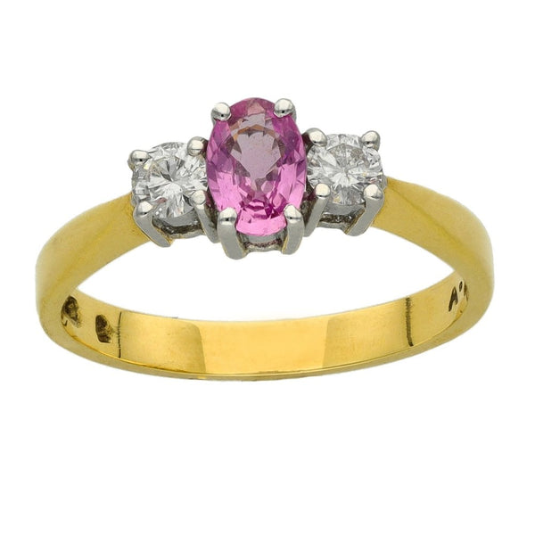 Ladies 18ct Yellow Gold Diamond & Pink Sapphire Trilogy Ring