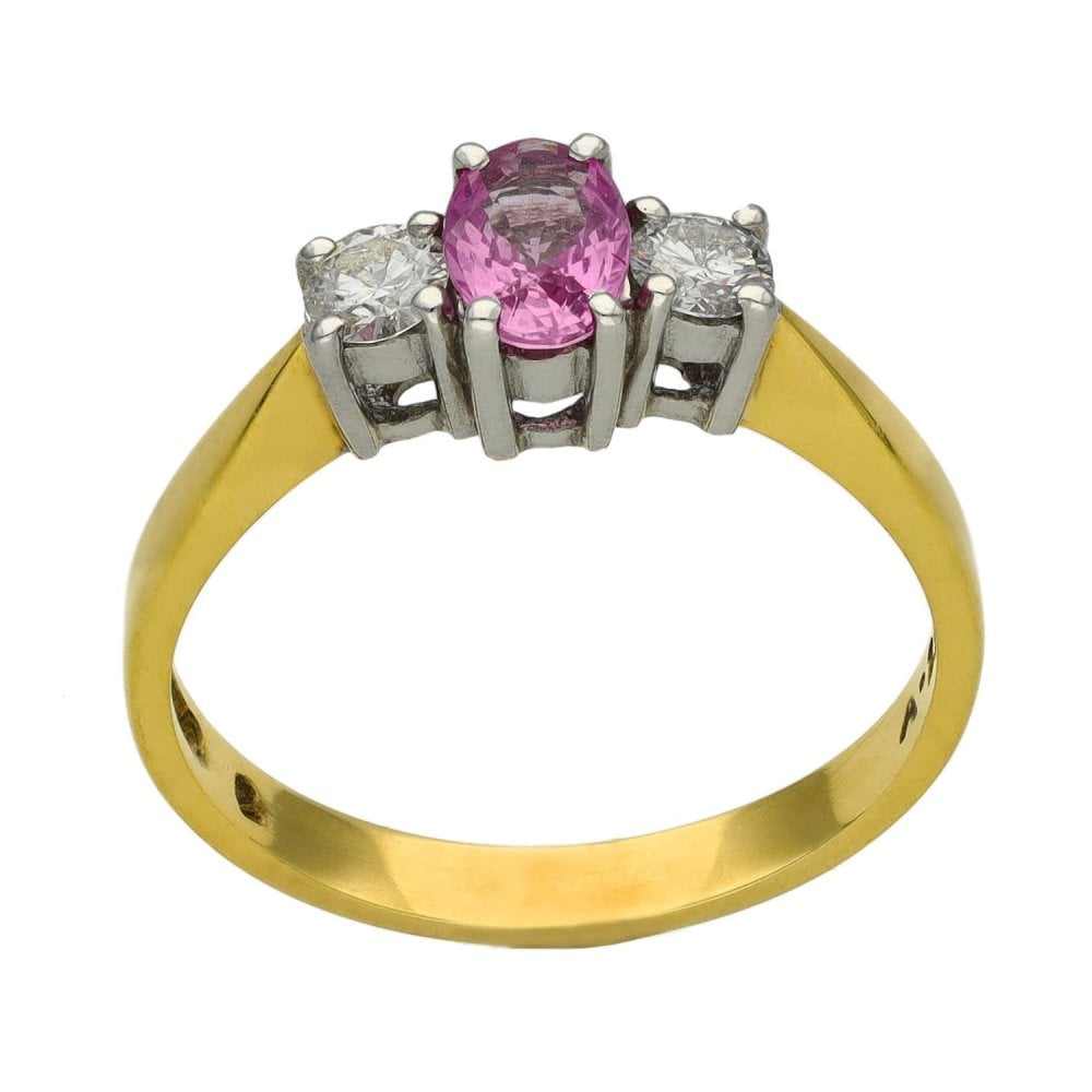 Ladies 18ct Yellow Gold Diamond & Pink Sapphire Trilogy Ring