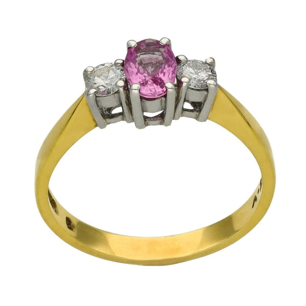 Ladies 18ct Yellow Gold Diamond & Pink Sapphire Trilogy Ring