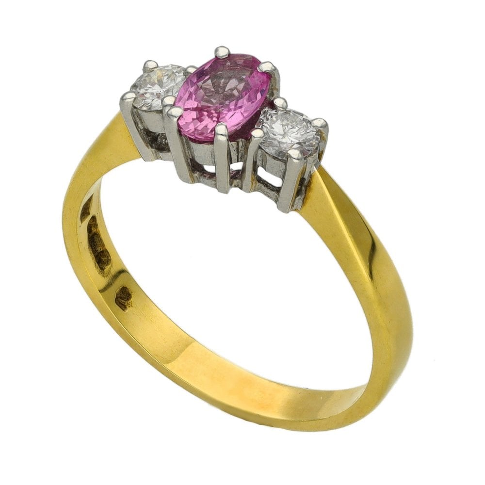 Ladies 18ct Yellow Gold Diamond & Pink Sapphire Trilogy Ring
