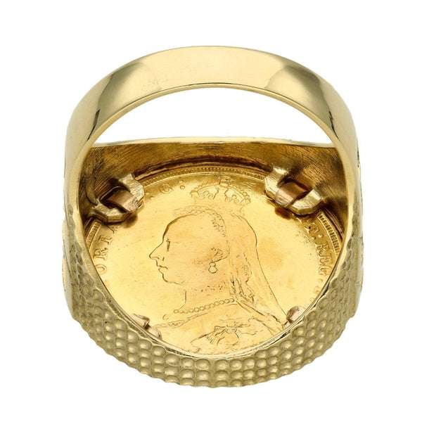 1892 Yellow Gold Full Sovereign Coin Mounted Ring - Size W