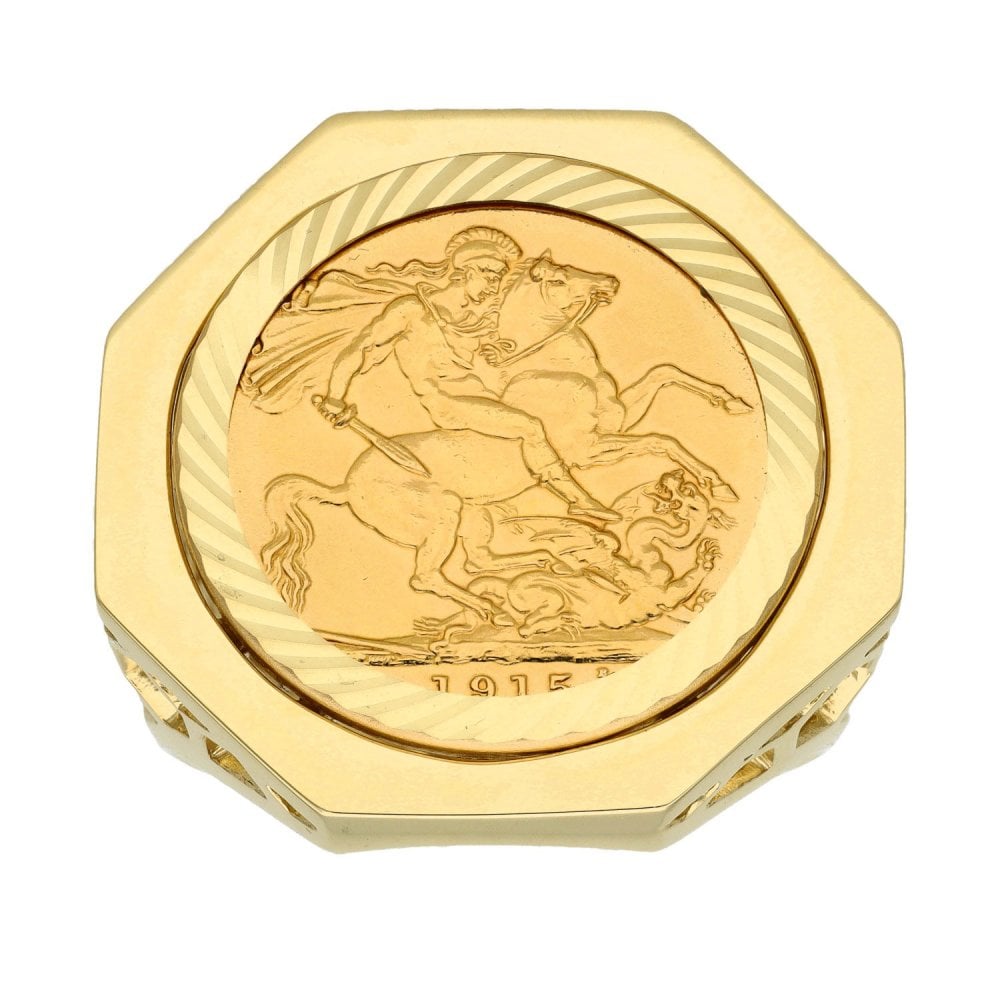 1915 Yellow Gold Full Sovereign Coin Mounted Ring - Size Y