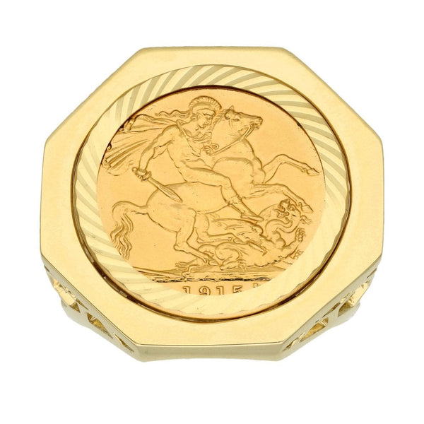 1915 Yellow Gold Full Sovereign Coin Mounted Ring - Size Y