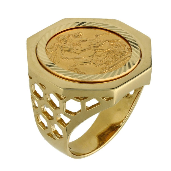 1915 Yellow Gold Full Sovereign Coin Mounted Ring - Size Y