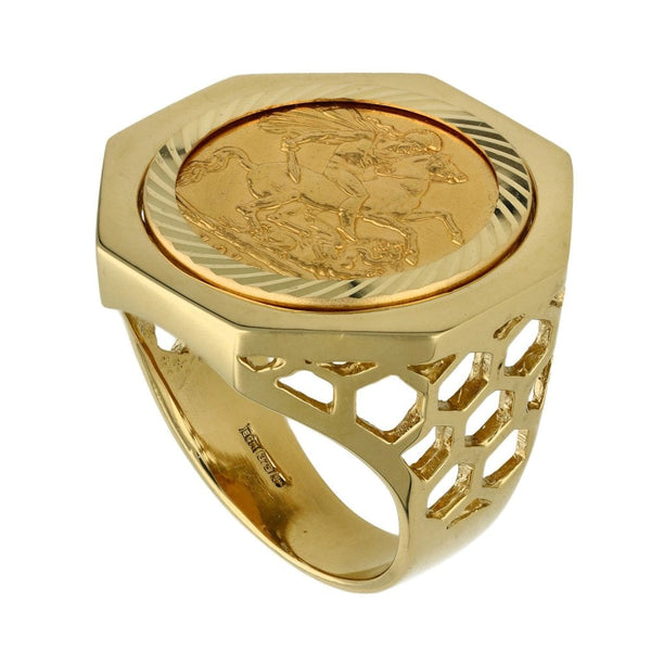 1915 Yellow Gold Full Sovereign Coin Mounted Ring - Size Y