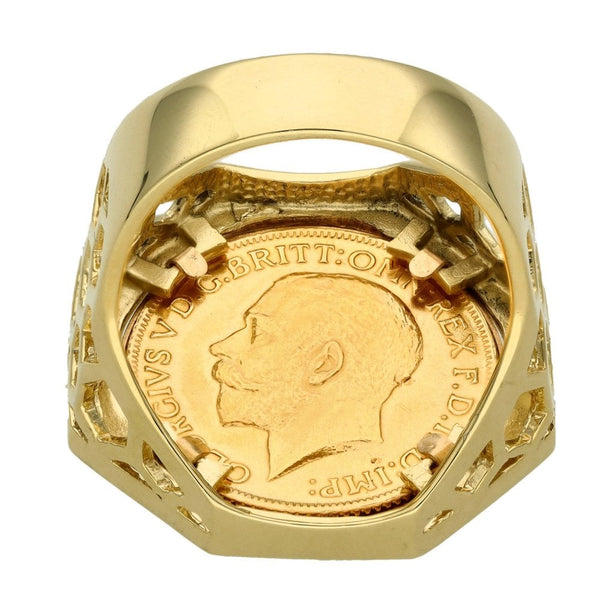 1915 Yellow Gold Full Sovereign Coin Mounted Ring - Size Y