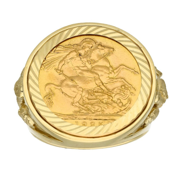 1925 Yellow Gold Full Sovereign Coin Mounted Ring - Size X