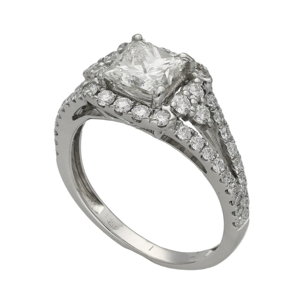 Ladies 18ct White Gold Princess Cut Diamond Halo Ring - 1.85ct