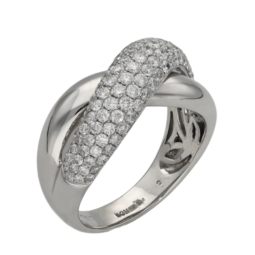 Ladies 18ct White Gold Pave Diamond Cross Over Ring - 2.00ct