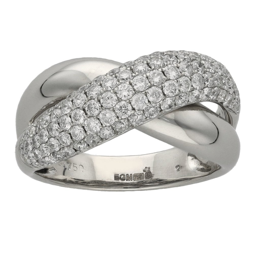 Ladies 18ct White Gold Pave Diamond Cross Over Ring - 2.00ct