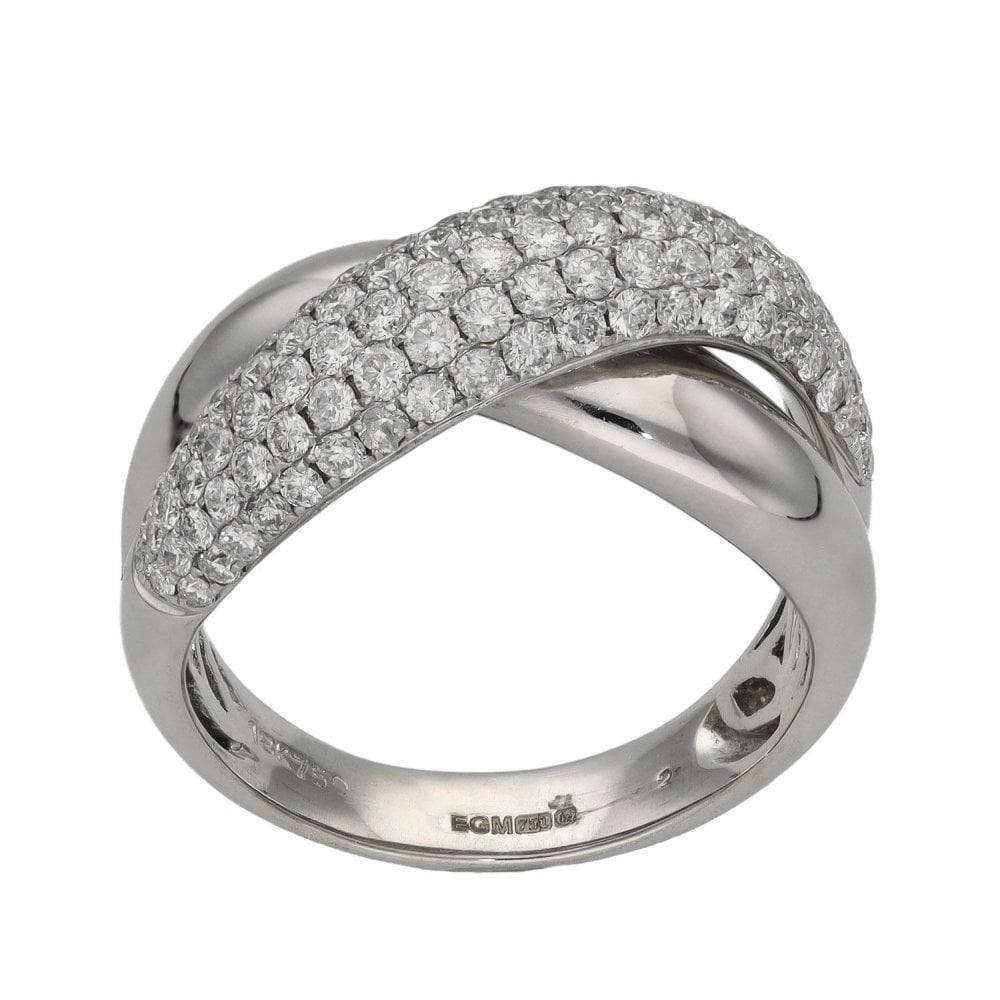 Ladies 18ct White Gold Pave Diamond Cross Over Ring - 2.00ct