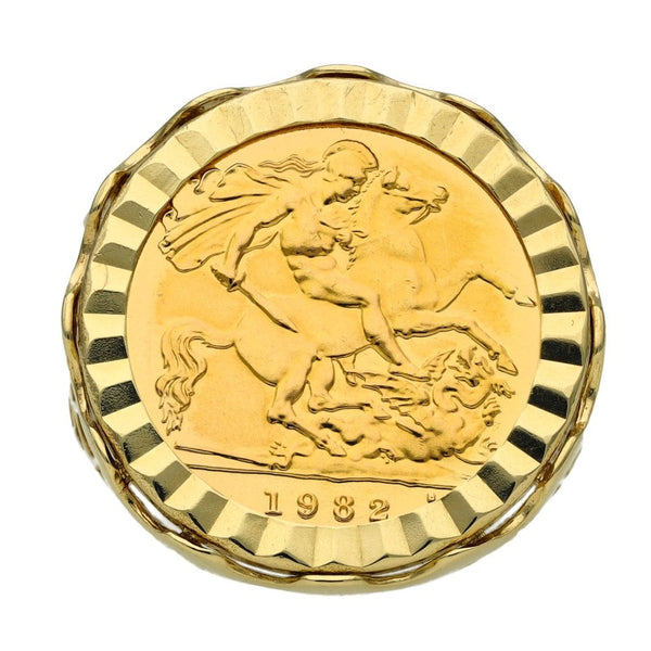 1982 Yellow Gold Half Sovereign Coin Mounted Ring - Size P