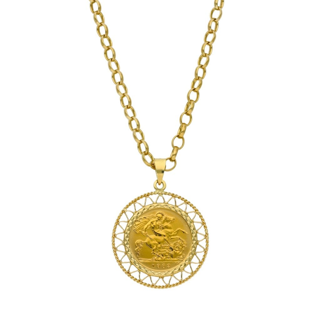 1982 Yellow Gold Half Sovereign Coin Pendant & 24" Chain