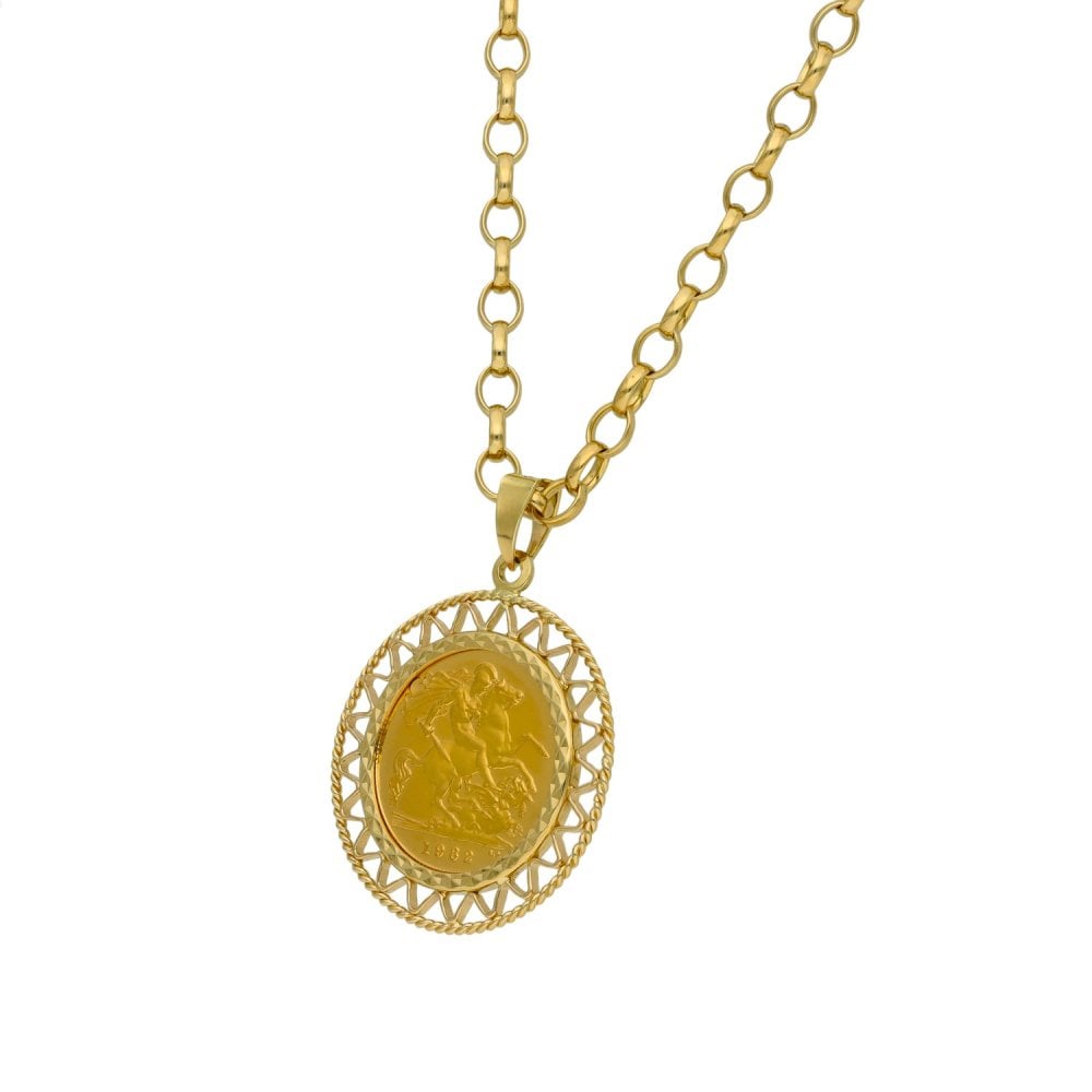 1982 Yellow Gold Half Sovereign Coin Pendant & 24" Chain