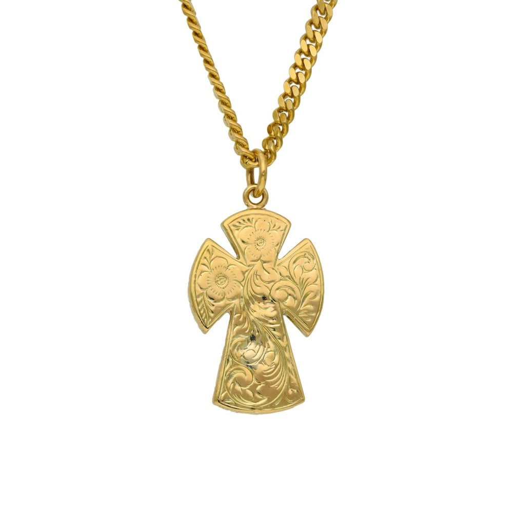 9ct Yellow Gold Fancy Cross & 26" Curb Chain - 54.5g