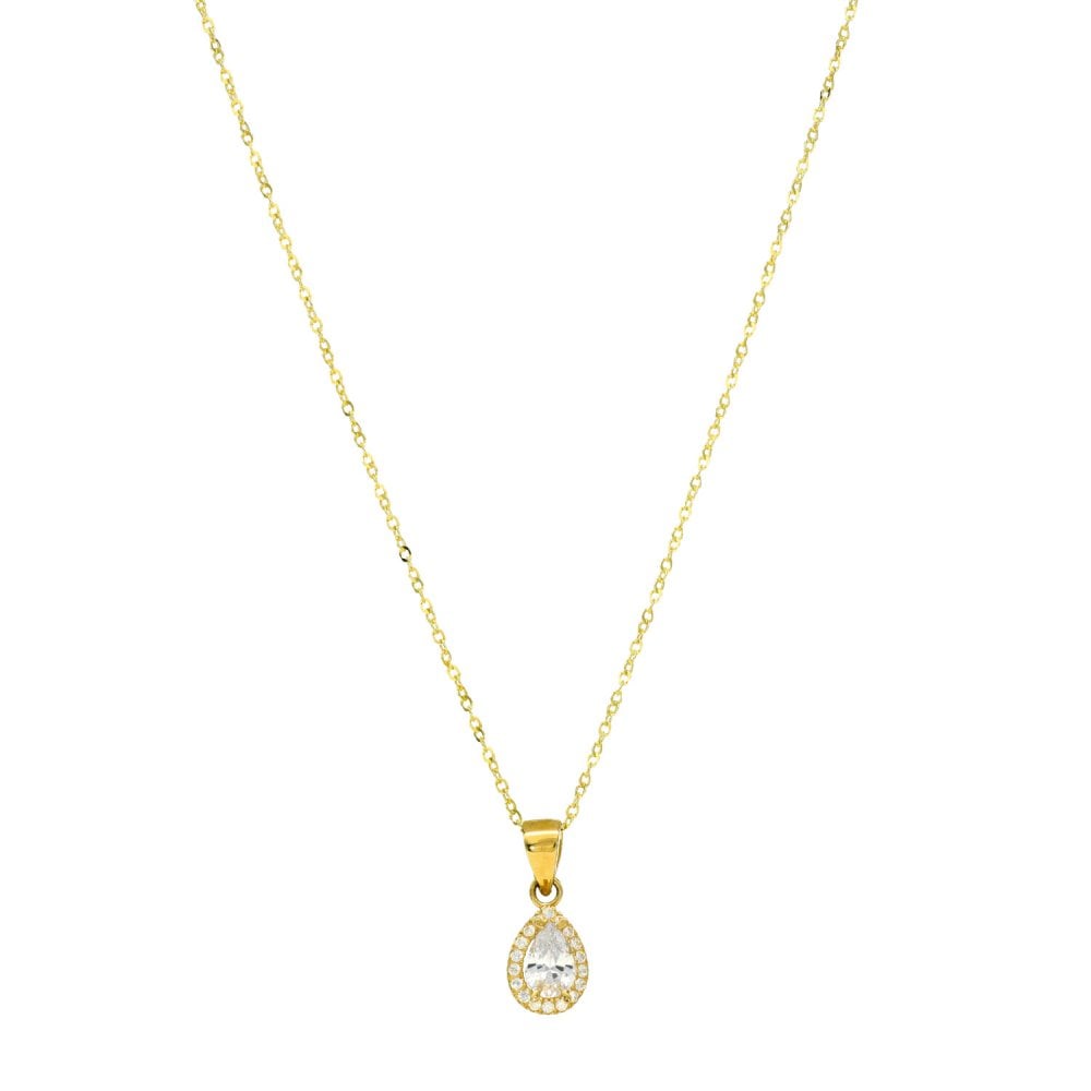 9ct Yellow Gold CZ Pear Drop Pendant & Chain