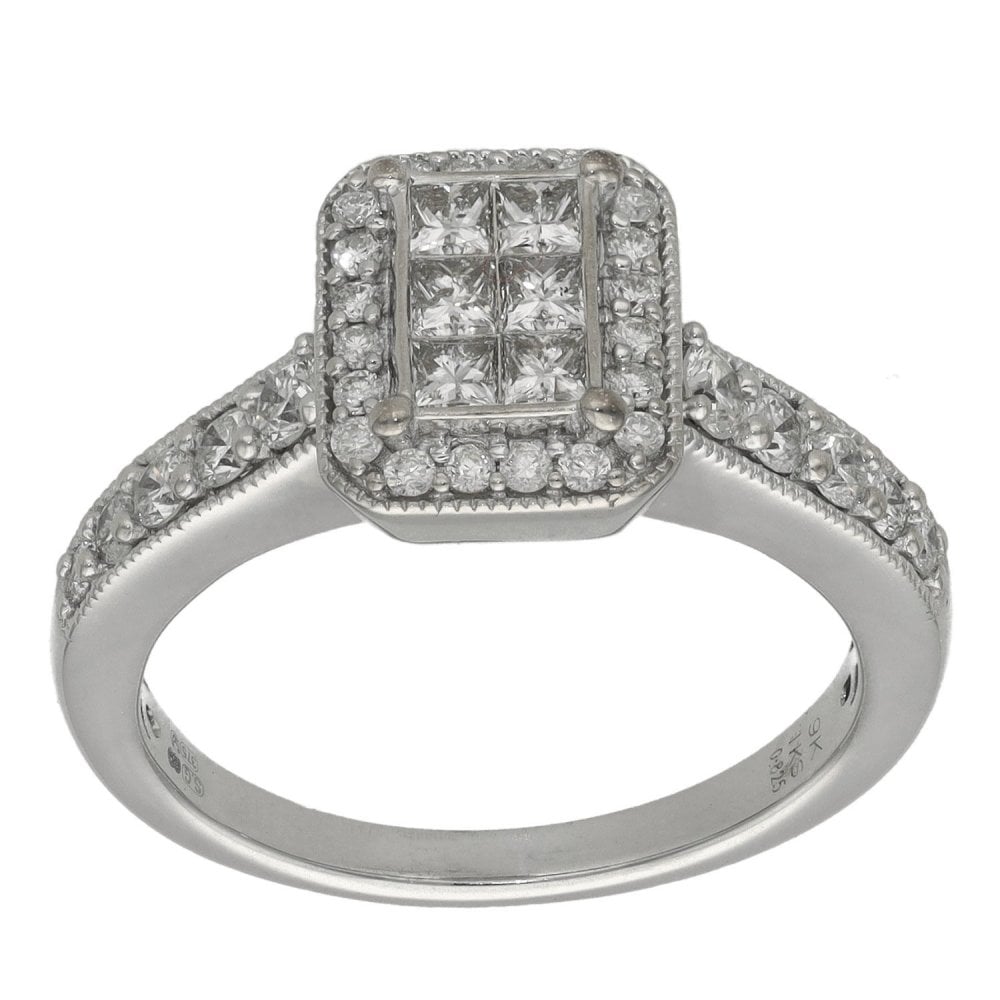 Ladies 9ct White Gold 0.82ct Diamond Cluster Halo Ring - Size M