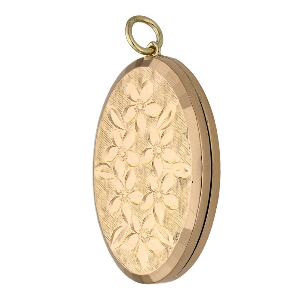 9ct Yellow Gold Oval Flower Pattern Locket - 23x33x5mm - 7.7g