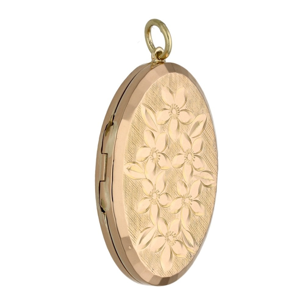 9ct Yellow Gold Oval Flower Pattern Locket - 23x33x5mm - 7.7g